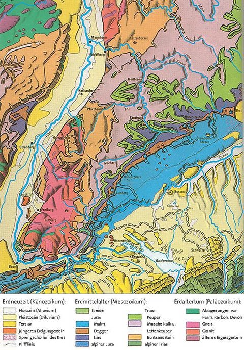 Karte des Oberrheins mit Kennzeichnung der Erdschichten