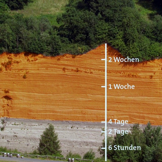 Wingertsbergwand mit Zeitskala der Ablagerungen.