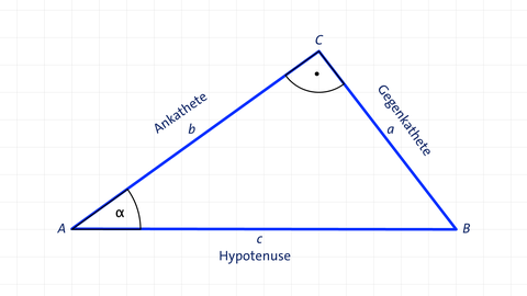 Grafik eines rechtwinkligen Dreiecks mit Hypotenuse, Ankathete und Gegenkathete | kolleg24 Mathematik