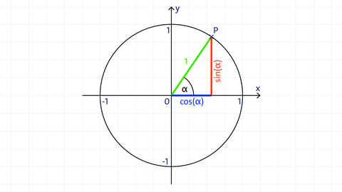 Grafik eines rechtwinkligen Dreiecks in einem Kreis mit Sinus und Kosinus | kolleg24 Mathematik