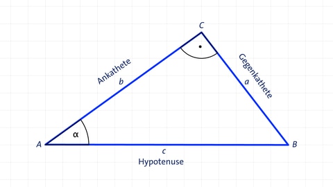 Grafik eines rechtwinkligen Dreiecks mit Hypotenuse, Ankathete und Gegenkathete | kolleg24 Mathematik