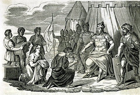 Schwarzweiß-Stich: Der römische Kaiser Romulus kniet vor dem sitzenden Odoaker und gibt seine kaiserlichen Insignien ab. (Foto: AKG)