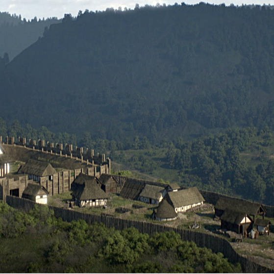 Kleine Siedlung aus Holz-Lehm-Häusern auf einem Berg. (Foto: SWR – Screenshot aus der Sendung)