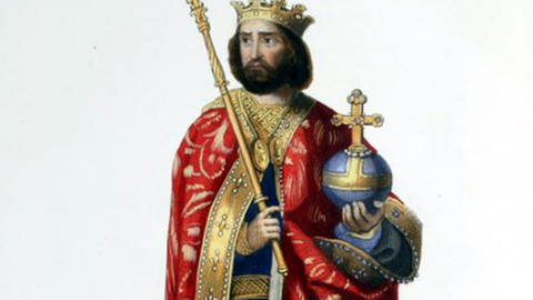 Farbiger Stich von Karl dem Großen mit pompösem Gewand. In der echten Hand hält er einen goldenen Stab, in der linken Hand ein Zepter. Auf dem Kopf trägt er eine goldene Krone.