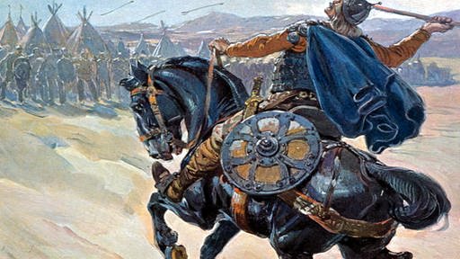Farbiges Gemälde: Ein hunnischer Reiter wird auf einem Pferd von Speeren getroffen.