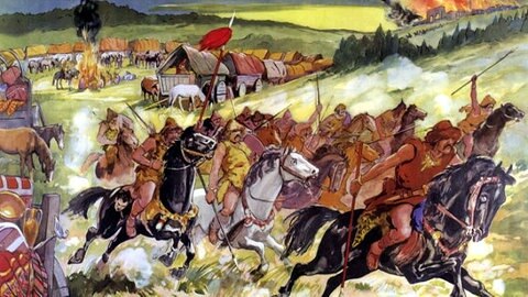 Gemälde eines Hunneneinfalls: Im Vordergrund Reiter und ein Wagendorf, im Hintergrund eine brennende Stadt.