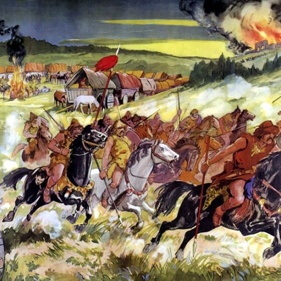 Gemälde eines Hunneneinfalls: Im Vordergrund Reiter und ein Wagendorf, im Hintergrund eine brennende Stadt.