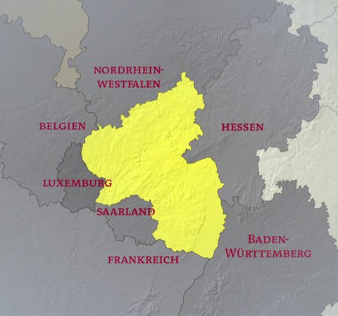 Karte von Rheinland-Pfalz mit allen umgebenden Bundesländern und Staaten. (Foto: SWR - Screenshot aus der Sendung)