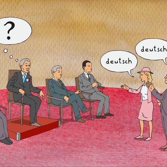 Grafik : Politiker und prostierende Menschen mit Sprechblasen : « deutsch » (Foto: SWR – Screenshot aus der Sendung)
