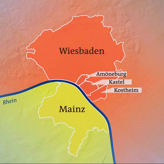 Umrisskarte mit Mainz und Wiesbaden. (Foto: SWR –Screenshot aus der Sendung)