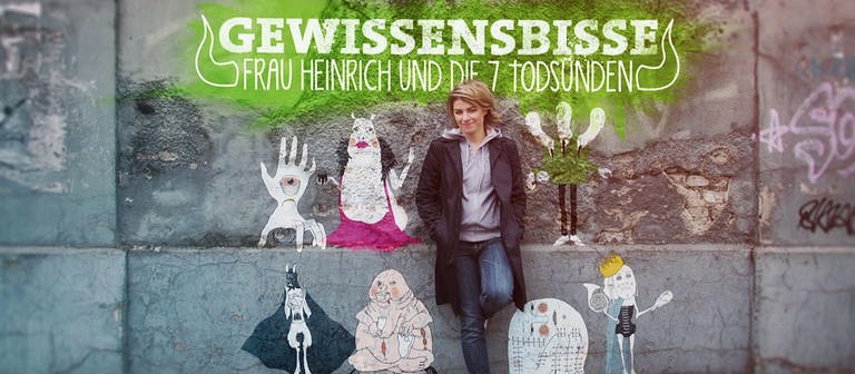 Sabine Heinrich plus Schriftzug der Sendereihe "Gewissensbisse – Frau Heinrich und die 7 Todsünden"; (Foto: WDR)