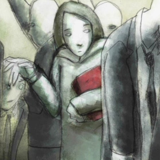 Zeichnung eines Mädchens mit einem roten Buch in einer Menschenmenge. (Foto: SWR/Mosaic Films – Screenshot aus der Sendung)