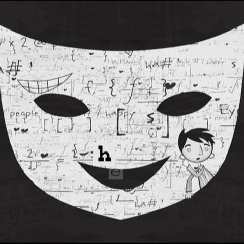 Eine weiße Maske auf schwarzem Hintergund, auf der viele Symbole, Zahlen und Zeichnungen sowie ein kleiner Junge zu sehen sind. (Foto: SWR)