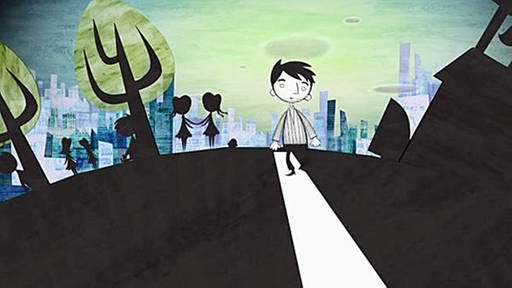 Zeichnung eines Jungen, der einen weißen Weg entlangläuft. Links von ihm sind mehrere Schatten zu sehen und im Hintergrund eine Stadt. (Foto: SWR/Mosaic Films – Screenshot aus der Sendung)