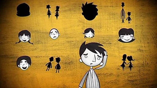 Zeichnung eines verwirrt aussehenden Jungen, der von mehreren verschiedenen Gesichtern und Schatten umgeben ist. (Foto: SWR/Mosaic Films – Screenshot aus der Sendung)