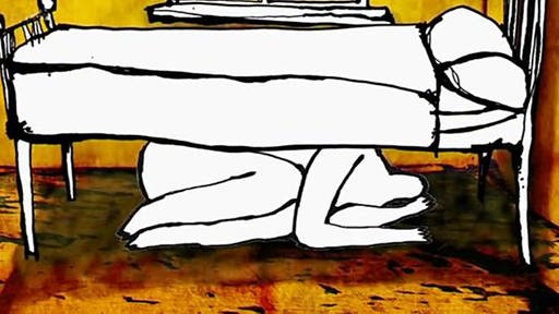 Zeichnung einer Person, die sich unter einem Bett versteckt. (Foto: SWR/Mosaic Films – Screenshot aus der Sendung)
