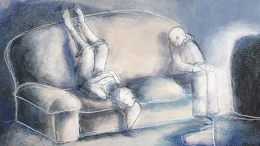 Zeichnung eines Mädchens, das gelangweilt auf einem Sofa liegt. Neben ihr sitzt ein Junge. (Foto: SWR/Mosaic Films – Screenshot aus der Sendung)