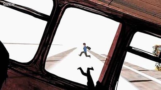 Zeichnung mit dem Blick aus einem schrägen Fenster auf einen rennenden Jungen. (Foto: SWR/Mosaic Films – Screenshot aus der Sendung)
