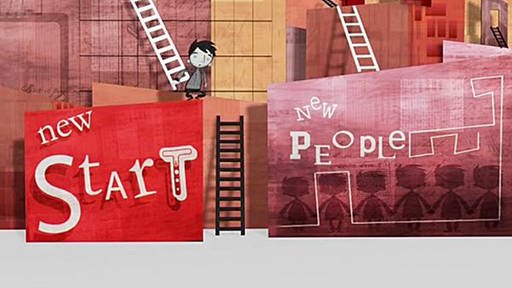 Zeichnung eines Jungen, der zwischen Leitern und niedrigen Wänden steht. Auf der Wand links steht "New Start" auf der Wand rechts steht "New People". (Foto: SWR/Mosaic Films – Screenshot aus der Sendung)