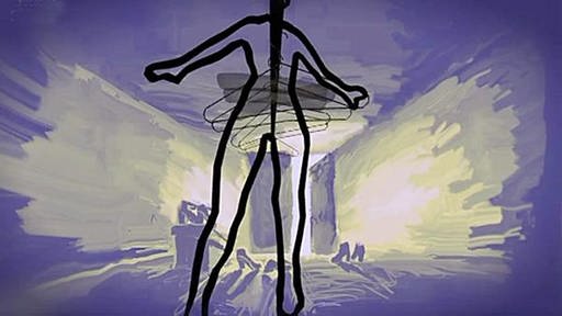 Eine aus Strichen bestehende, dünne Person steht in einem blauen Raum. (Foto: SWR/Mosaic Films – Screenshot aus der Sendung)