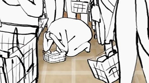 Eine Skizze einer Person mit Einkaufskorb die auf dem Boden kniet und die Hände im Kopf hält. Um sie herum laufen viele andere Personen mit Körben (Foto: SWR/Mosaic Films – Screenshot aus der Sendung)