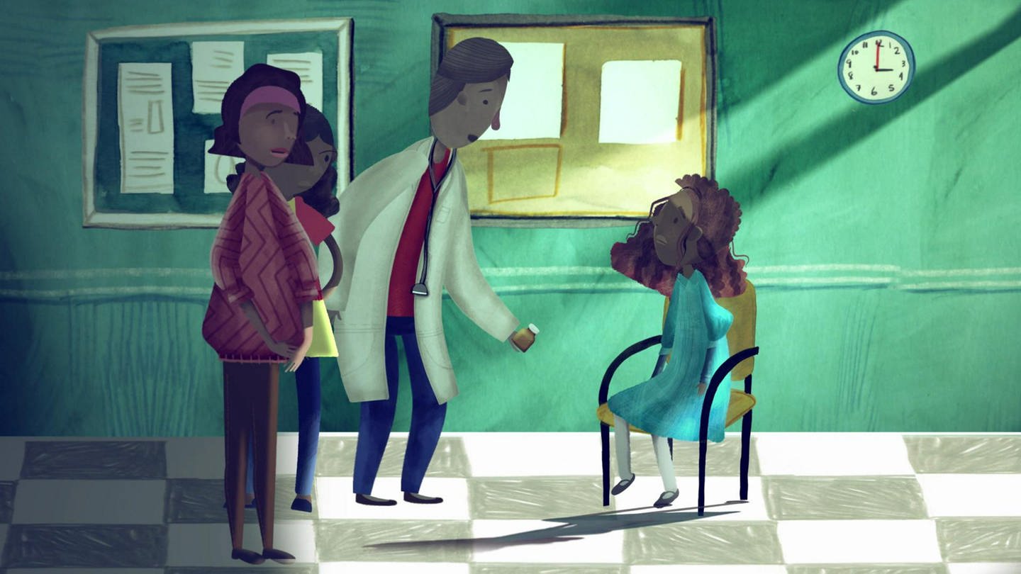 Zeichnung eines Mädchens, das in einem Flur auf einem Stuhl sitzt. Gegenüber steht ein Arzt und zwei Frauen. (Foto: SWR - Screenshot aus der Sendung)