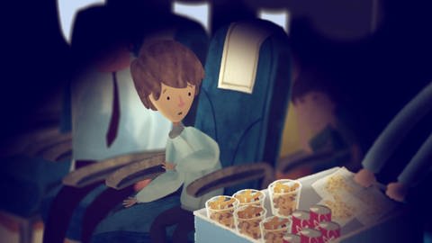 Junge sitzt im Flugzeug und sieht entsetzt auf Erdnüsse. (Foto: SWR – Screenshot aus der Sendung)