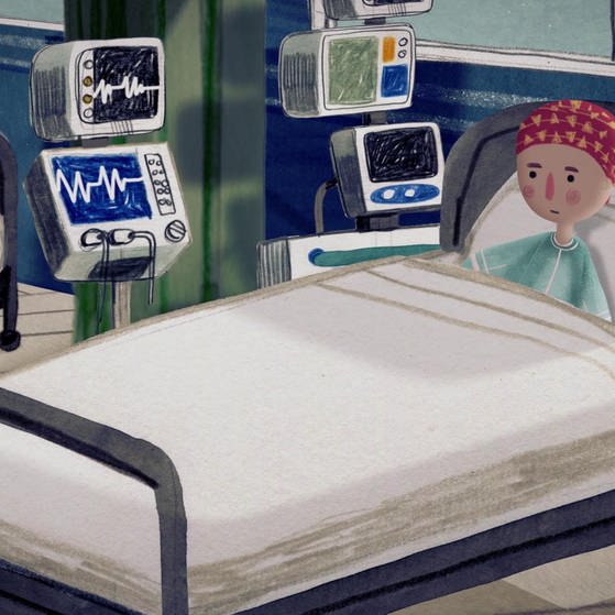 Mädchen mit Kopftuch im Krankenbett. (Foto: SWR – Screenshot aus der Sendung)