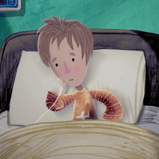 Zeichnung eines Jungen in einem Krankenhausbett, der an eine medizinische Maschine angeschlossen ist. (Foto: SWR – Screenshot aus der Sendung)
