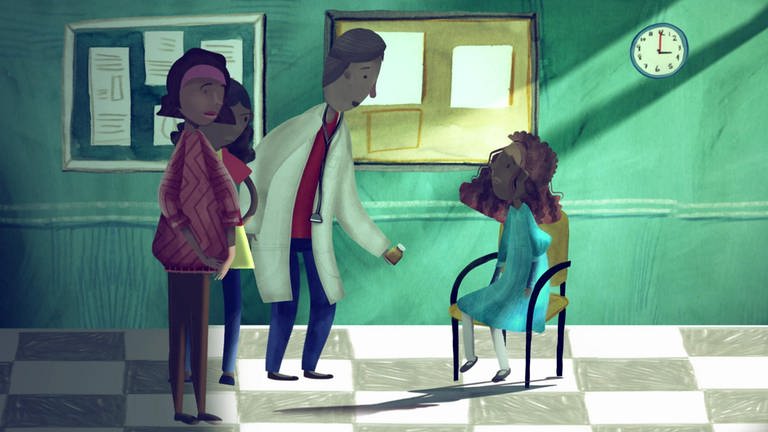 Zeichnung eines Mädchens, das in einem Flur auf einem Stuhl sitzt. Gegenüber steht ein Arzt und zwei Frauen.