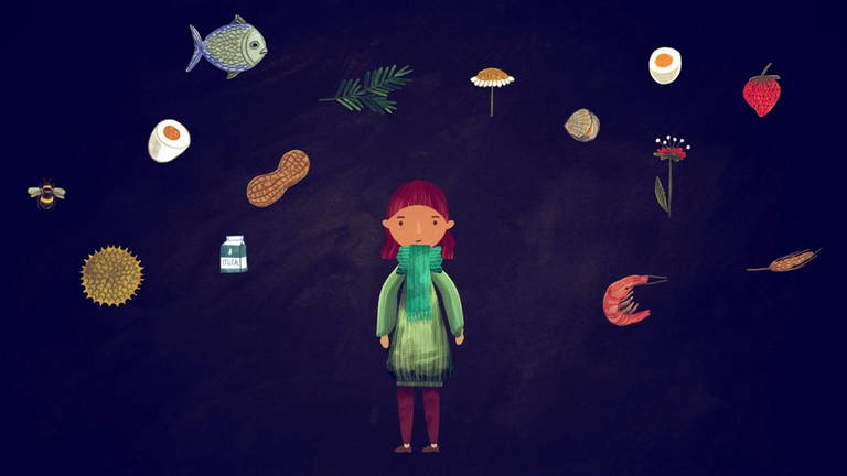 Zeichnung eines Mädchens, das von verschiedenen Gegenständen und Tieren umgeben ist.