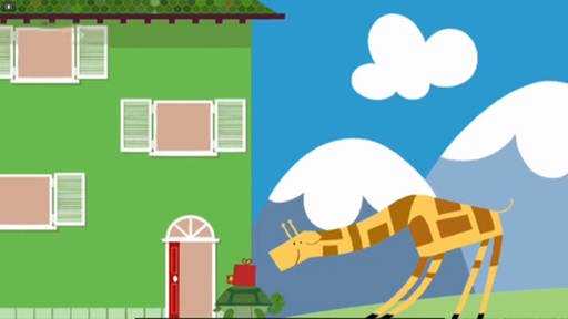 Eine Giraffe steht vor einem Haus und beugt sich zu einer Schildkröte herunter. (Foto: SWR – Screenshot aus der Sendung)