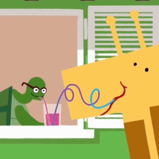 Zeichnung einer Giraffe, die durch das Fenster schaut, und einer Schildkröte, die aus dem Fenster herausschaut. Beide trinken mit Strohhalmen aus dem selben Glas. (Foto: SWR – Screenshot aus der Sendung)