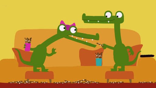 Krokodil füttert eine Krokodildame mit Salzstange. (Foto: SWR – Screenshot aus der Sendung)