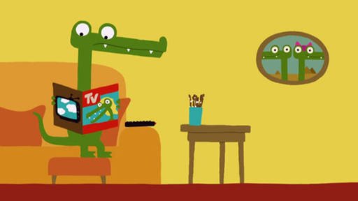 Trickfilm : Krokodil auf dem Sofa mit Fernsehzeitschrift. (Foto: SWR – Screenshot aus der Sendung)