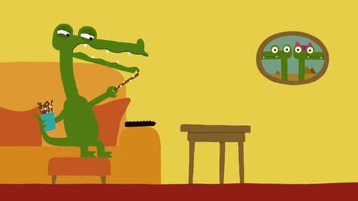 Es ist eine Zeichnung zu sehen, auf der ein Krokodil versucht eine Salzstange zu essen. (Foto: SWR – Screenshot aus der Sendung)