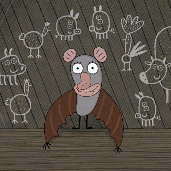Animation : Fledermaus vor Tierzeichnungen. (Foto: SWR – Screenshot aus der Sendung)