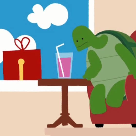 Zeichnung einer Schildkröte, die auf einem Sessel an einem Fenster sitzt und aus einem Glas trinkt. Am Fenster taucht ein Geschenk auf.