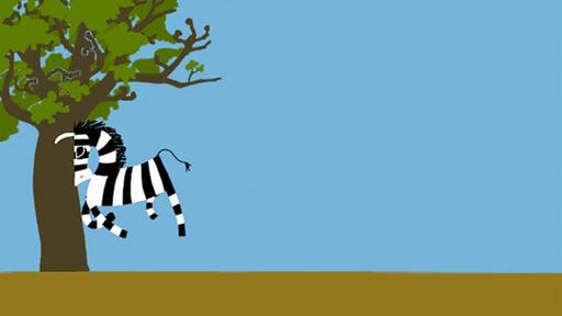 Ein gezeichnetes Zebra stößt mit dem Kopf voraus gegen einen Baum