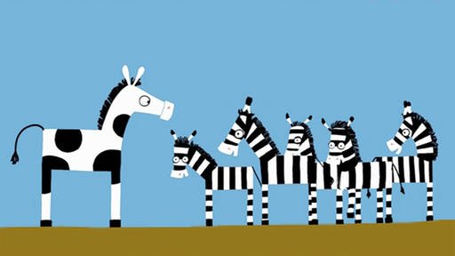 Ein großes, gepunktetes Zebra steht fünf jugen, gestreiften Zebras gegenüber.