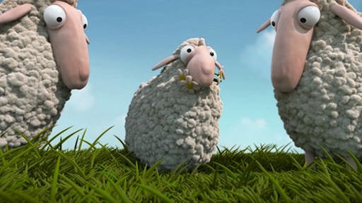 Animation von drei Schafen, die auf einer Wiese grasen.