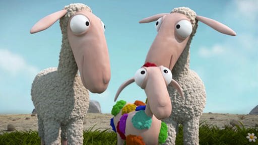Animation von zwei großen Schafen, die neben einem kleinen Schaf stehen, das bunte Wollknäuel auf dem Körper hat.