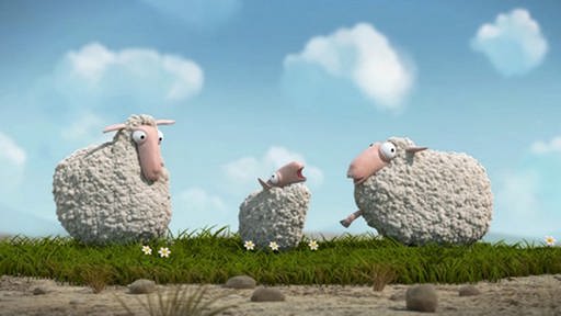 Animation von drei Schafen auf einer Wiese. Zwei große Schafe stehen rechts und links neben einem kleinen Schaf.
