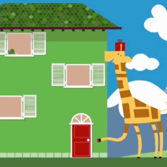 Zeichnung einer Giraffe vor einem Haus.