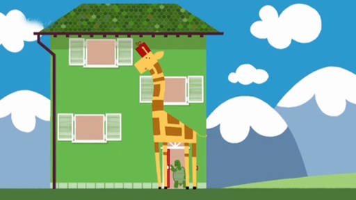 Zeichnung einer Giraffe, die vor einem Haus steht.