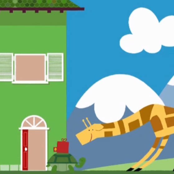 Zeichnung einer Giraffe und einer Schildkröte vor einem Haus. Die Giraffe beugt sich zur Schildkröte herunter.