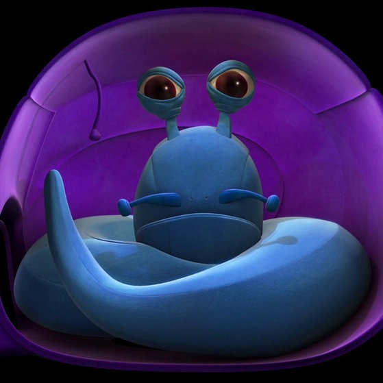 Blaue Schnecke in lila Haus.