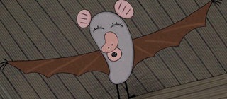 Zeichnung einer Fledermaus, die die Flügel weit ausgestreckt hat.