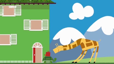 Zeichnung einer Giraffe und einer Schildkröte vor einem Haus. Die Giraffe beugt sich zur Schildkröte herunter.