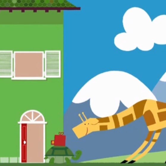 Zeichnung einer Giraffe und einer Schildkröte vor einem Haus. Die Giraffe beugt sich zur Schildkröte herunter.